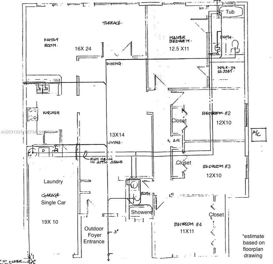 This floor plan shows a four-bedroom, two-bathroom home with a garage, terrace, and central living area — 18003 SW 138th Ct, Miami FL 33177, MIAMI, FL