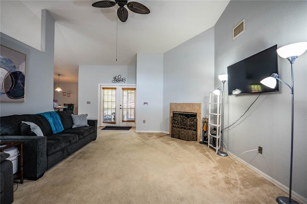 A living room features a dark sofa, a fireplace, a wall-mounted television, and carpeted flooring — 8010 ASHLEY POINTE DRIVE, LAKELAND, FL
