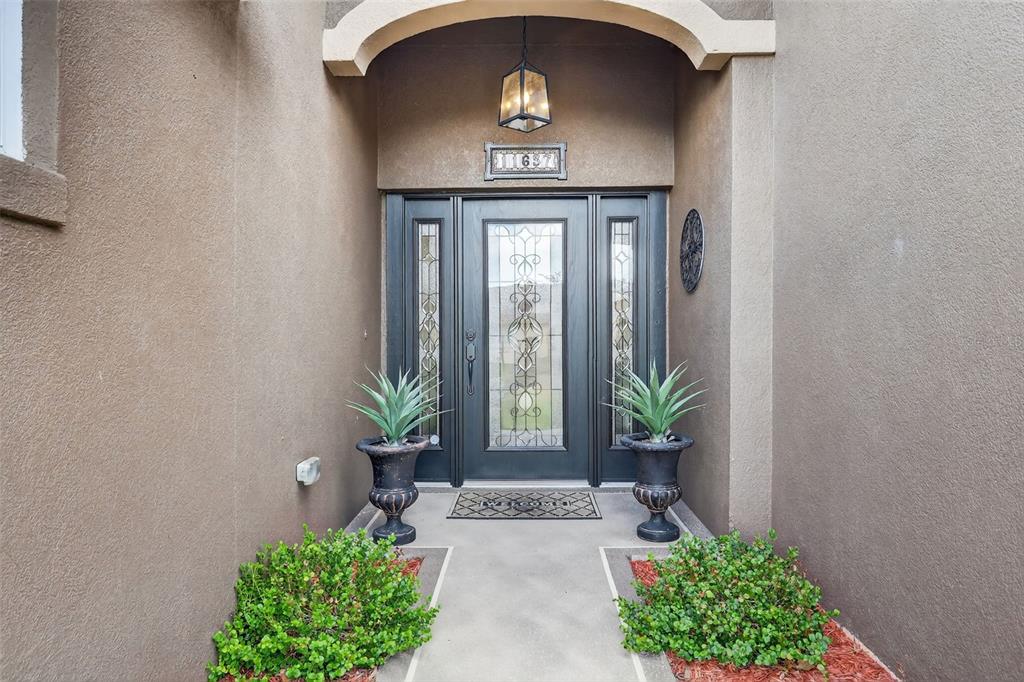 A front entryway features a dark door with glass panels, two potted plants, and landscaping — 11637 LAKE DRIVE, LEESBURG, FL