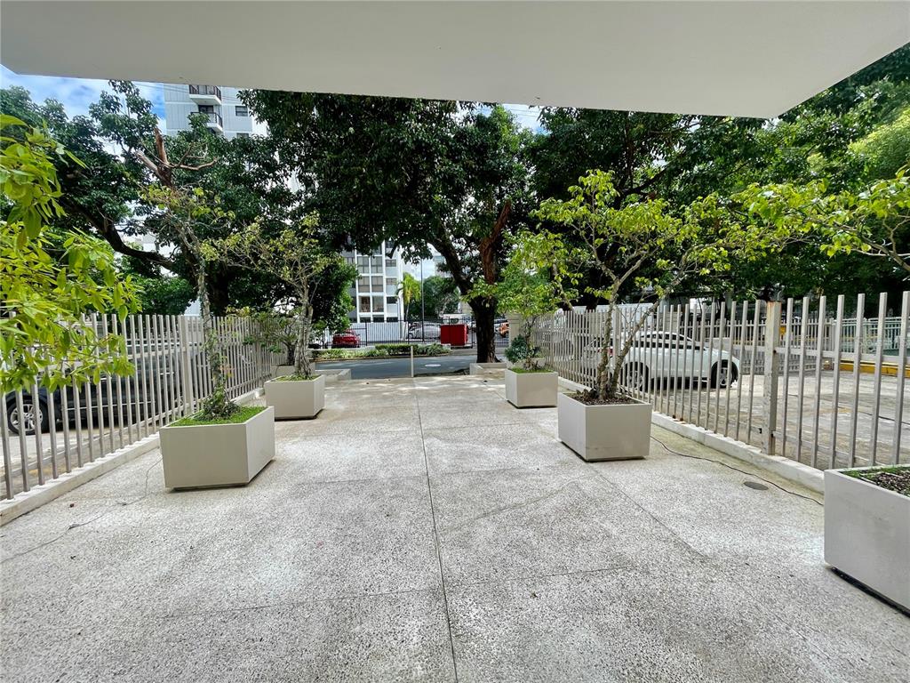 A concrete patio features several potted trees arranged along a metal fence — 76 KINGS COURT STREET UNIT 902, SAN JUAN, PR
