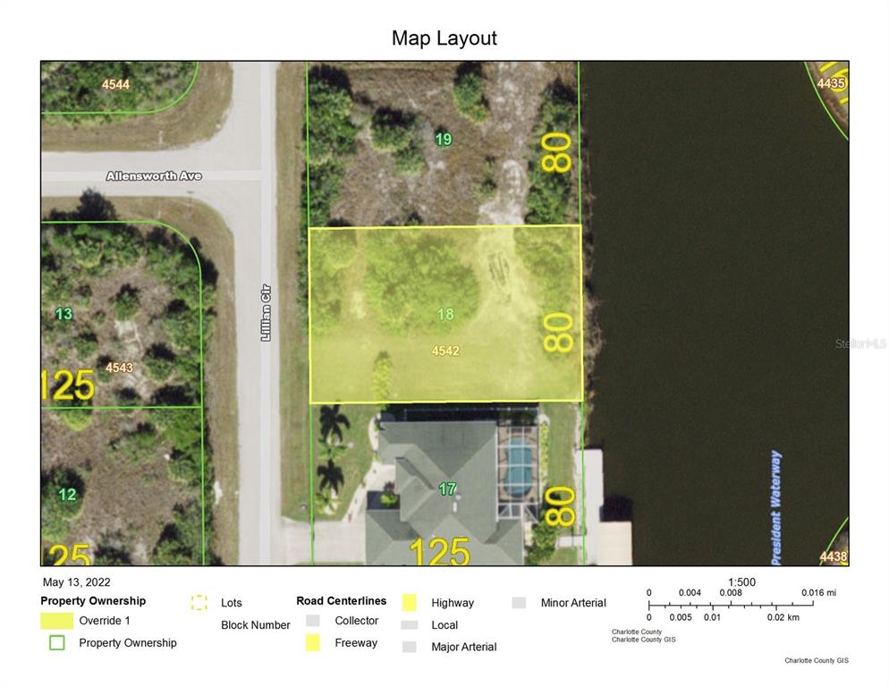 This is a map layout showing a vacant residential lot highlighted in yellow — 14718 LILLIAN CIRCLE, PORT CHARLOTTE, FL