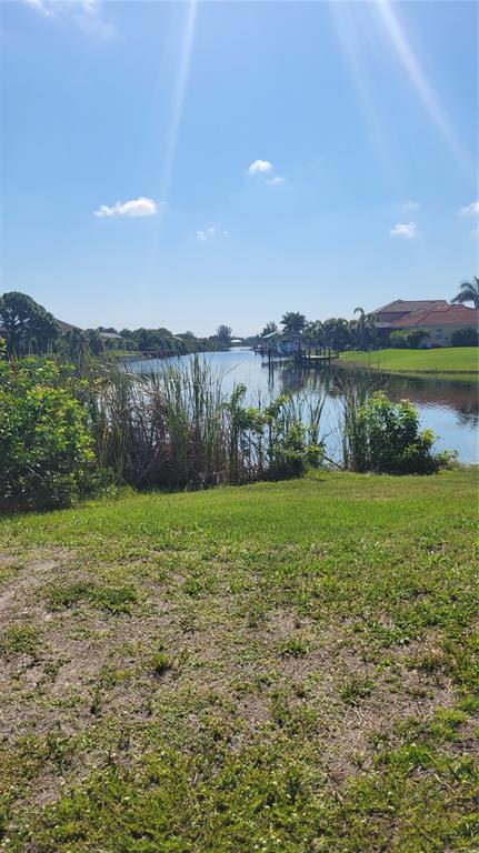 A view of a canal from a grassy backyard with tall reeds and nearby houses — 14718 LILLIAN CIRCLE, PORT CHARLOTTE, FL