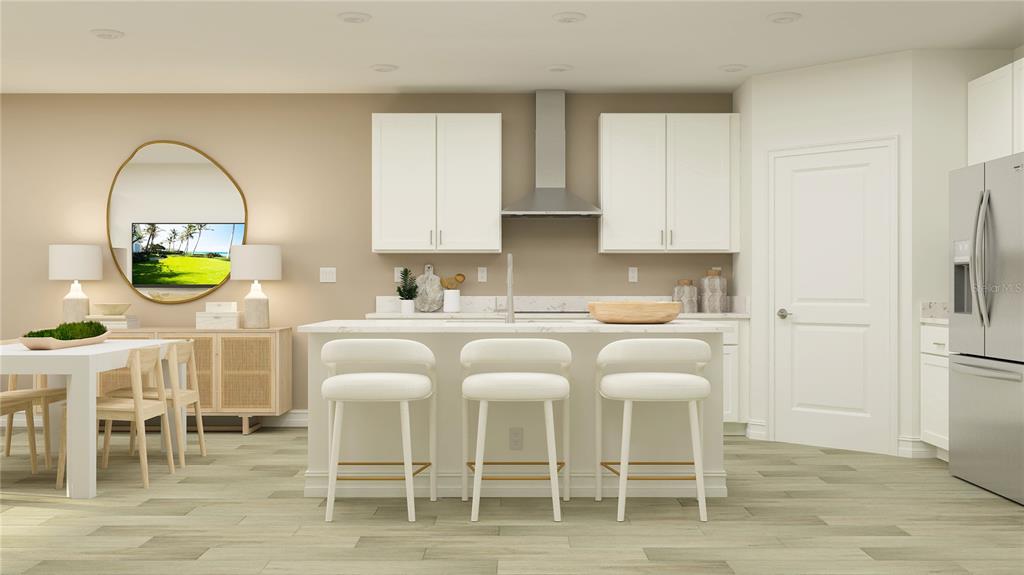 This is a rendering of a modern kitchen featuring white cabinetry, a central island, and stools — 10823 SPARKLY WAY, SAN ANTONIO, FL