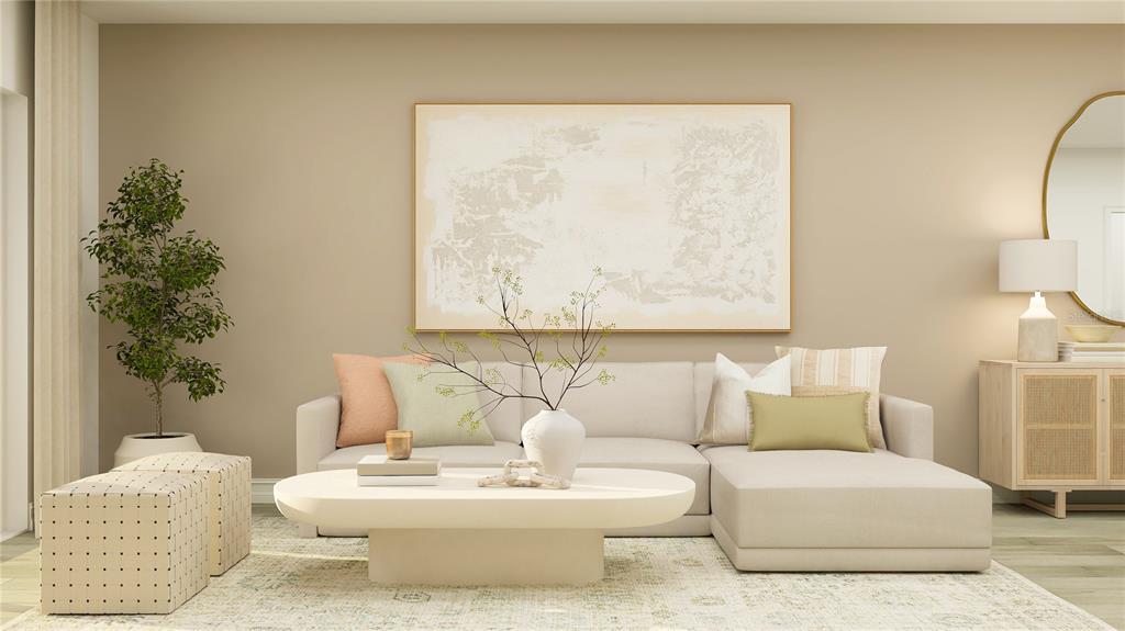 This rendering shows a modern living room with a beige sectional sofa and coffee table — 10823 SPARKLY WAY, SAN ANTONIO, FL