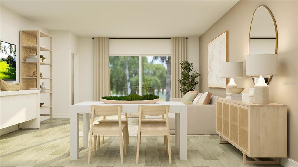 This rendering shows a dining area with light wood furniture, a sideboard, and a sofa — 10823 SPARKLY WAY, SAN ANTONIO, FL