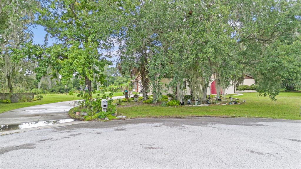 A house with a red arched door is partially obscured by large, moss-covered oak trees — 53 N ARCHWOOD DRIVE, INVERNESS, FL