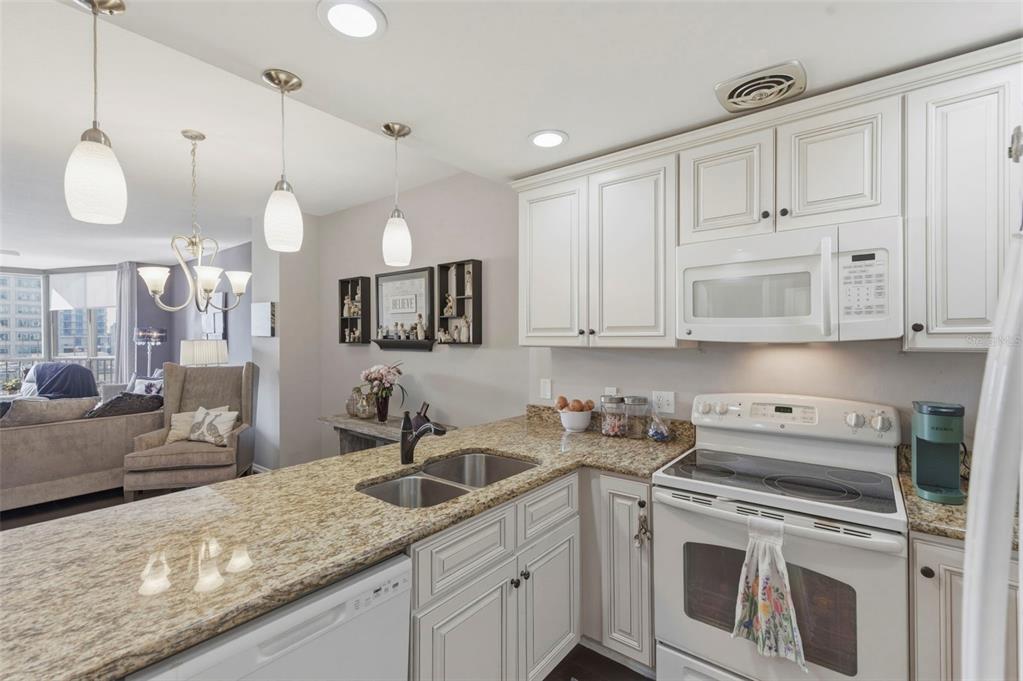 A kitchen with white cabinets, granite countertops, and a view into the adjacent living room — 1 BEACH DRIVE SE UNIT 1109, ST PETERSBURG, FL