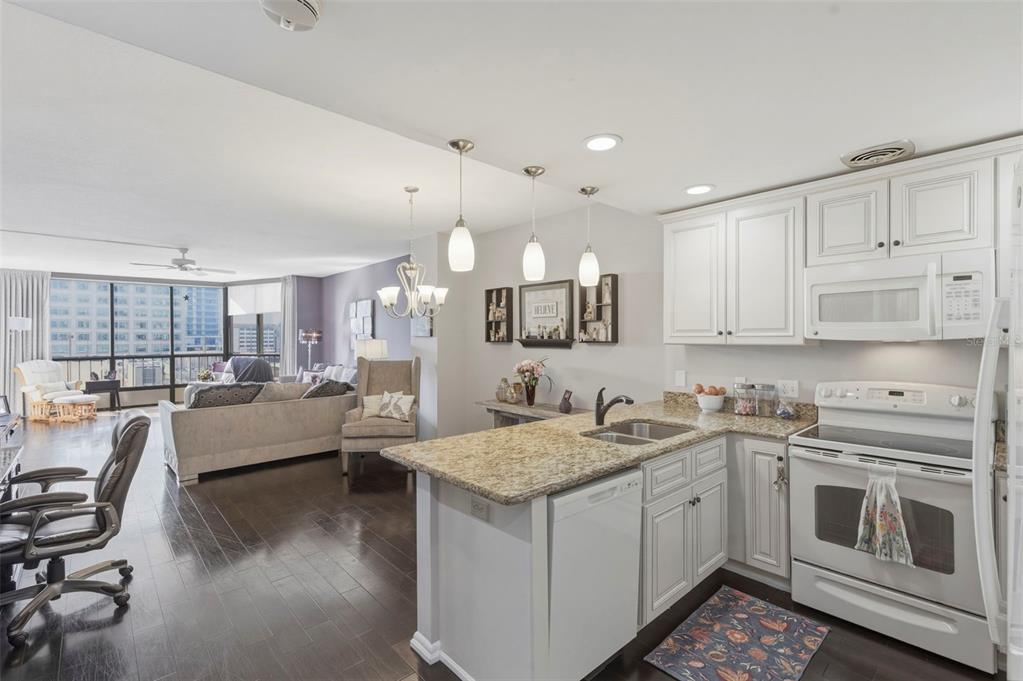 A kitchen with granite countertops and white cabinets opens into a living area with balcony views — 1 BEACH DRIVE SE UNIT 1109, ST PETERSBURG, FL