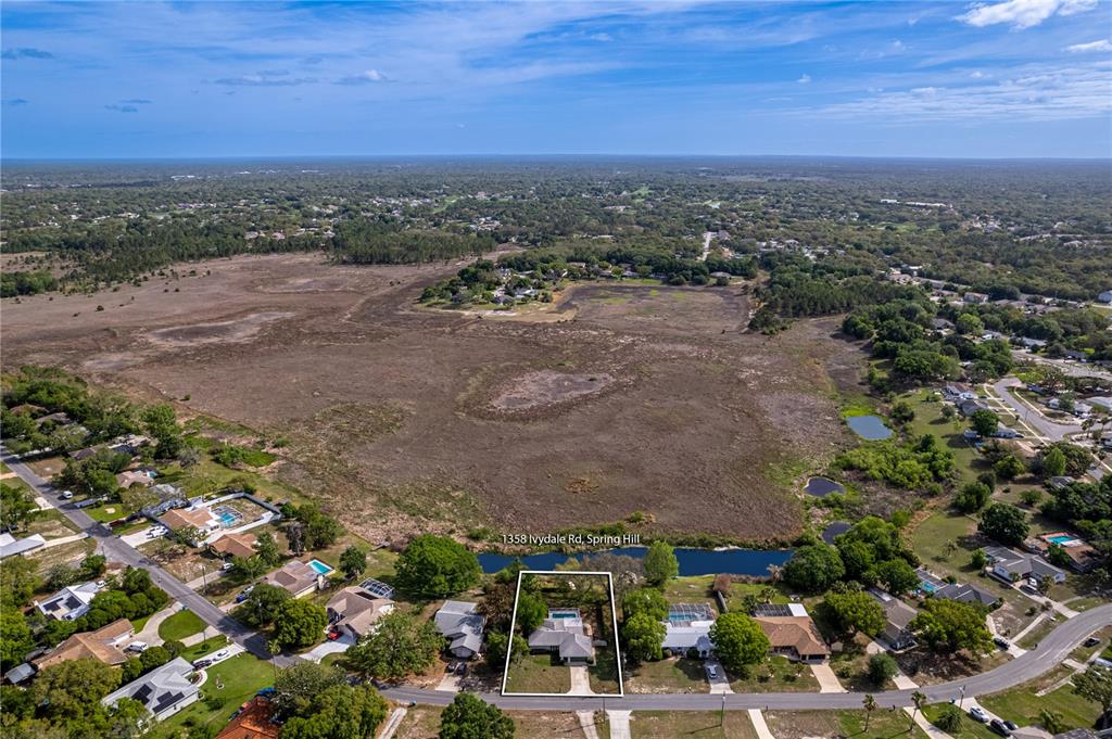 An aerial view shows a single-family house with a pool bordering a large open field — 1358 IVYDALE ROAD, SPRING HILL, FL