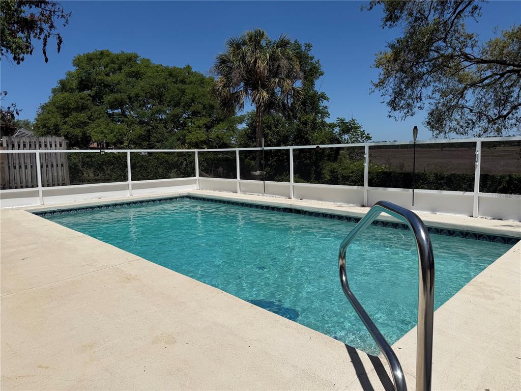 A rectangular swimming pool with a white safety fence and a metal handrail — 1358 IVYDALE ROAD, SPRING HILL, FL