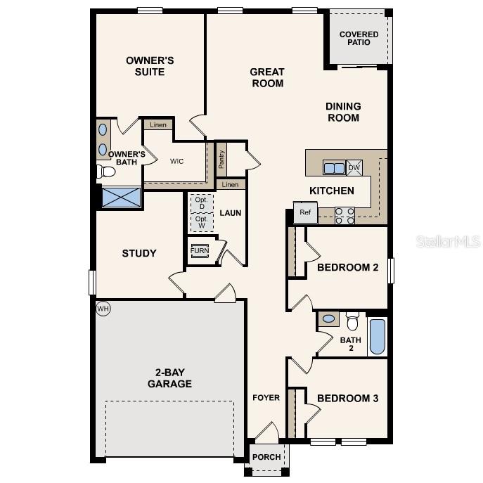 This floor plan shows a three-bedroom home with a two-bay garage and a covered patio — 7100 PLUMOSA LANE, FORT PIERCE, FL