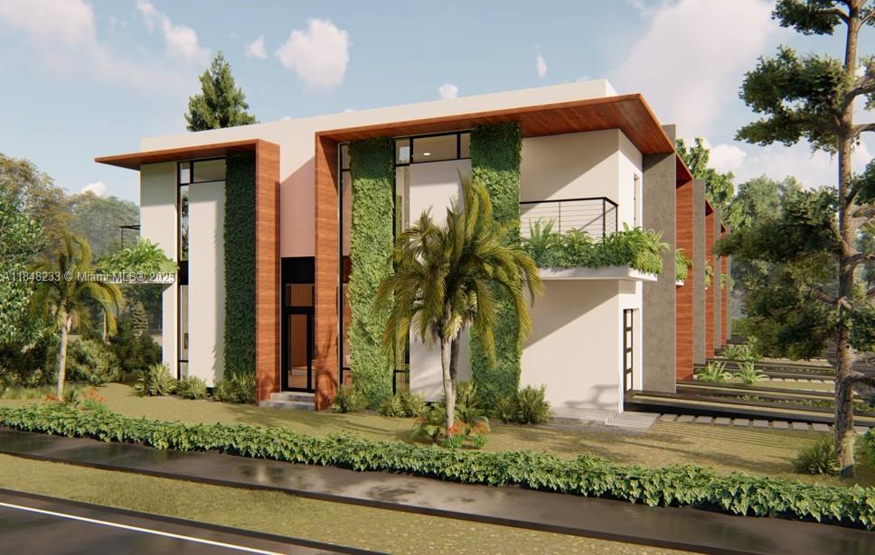 This is a rendering of a modern two-story house with vertical gardens and wood accents — 2447 Pierce St, Hollywood FL 33020, HOLLYWOOD, FL
