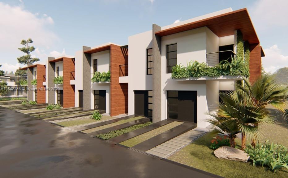 This is a rendering of a row of modern two-story townhouses with wood-accented facades — 2447 Pierce St, Hollywood FL 33020, HOLLYWOOD, FL