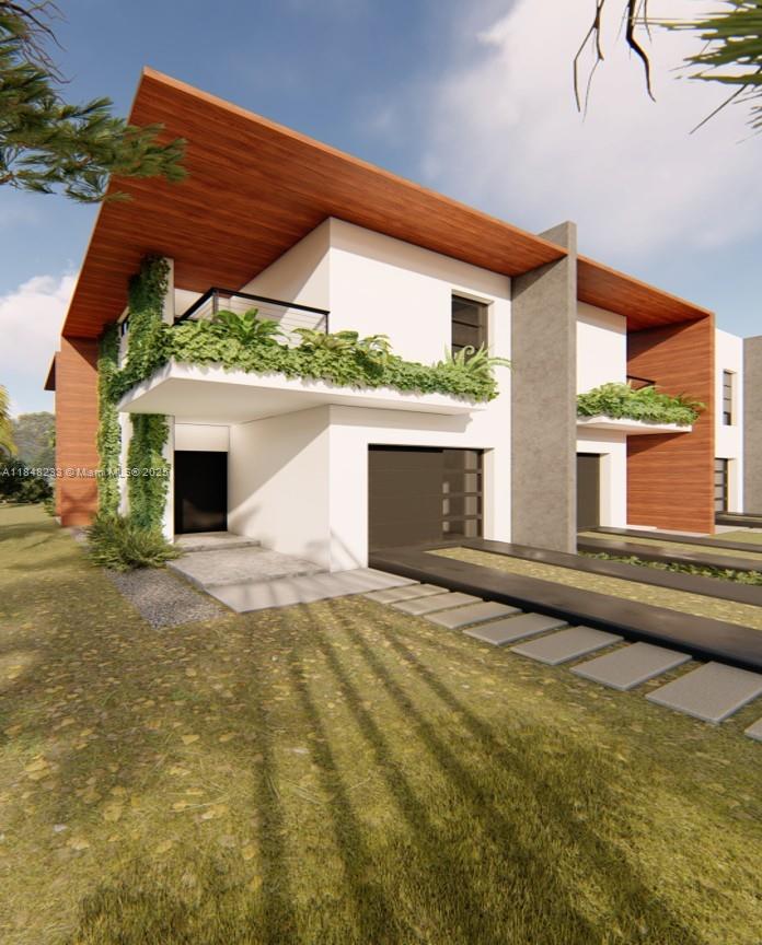 A digital rendering of a modern two-story townhouse with wood accents and balcony greenery — 2447 Pierce St, Hollywood FL 33020, HOLLYWOOD, FL