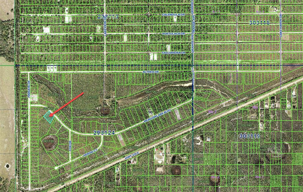 This is a satellite map showing property parcel boundaries and road names in a rural area — Lot #2 MEADOWLARK BOULEVARD, INDIAN LAKE ESTATES, FL