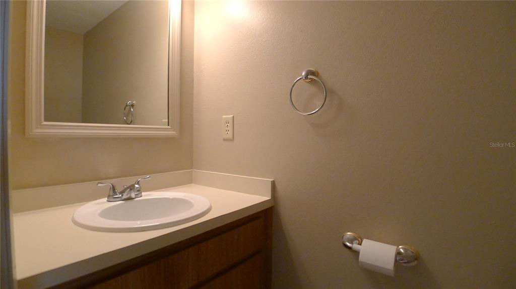A bathroom features a white vanity sink, a wall-mounted mirror, and a towel ring — 608 LYNCHBURG DRIVE, BRANDON, FL