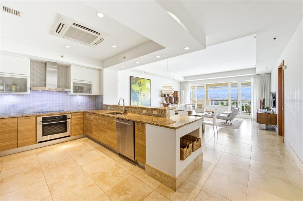 A modern kitchen with wood cabinets and granite countertops opens into a bright living area — PH 404 PLANTATION VILLAGE II UNIT 404, DORADO, PR