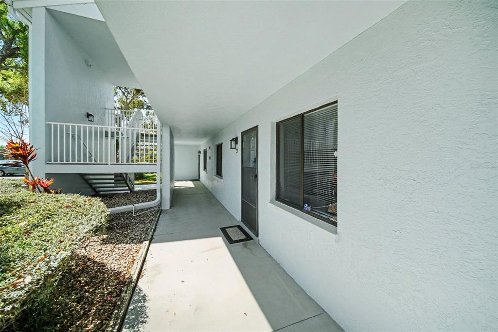 An exterior walkway leads to a building entrance with a door and a large window — 303 MARTHA LANE UNIT 303, OLDSMAR, FL