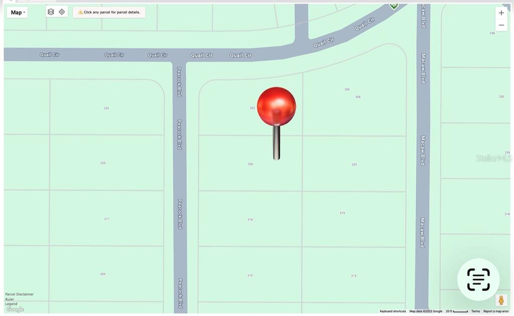 This is a map showing a red location pin on a residential parcel of land — 226 PEACOCK BOULEVARD, SEBRING, FL