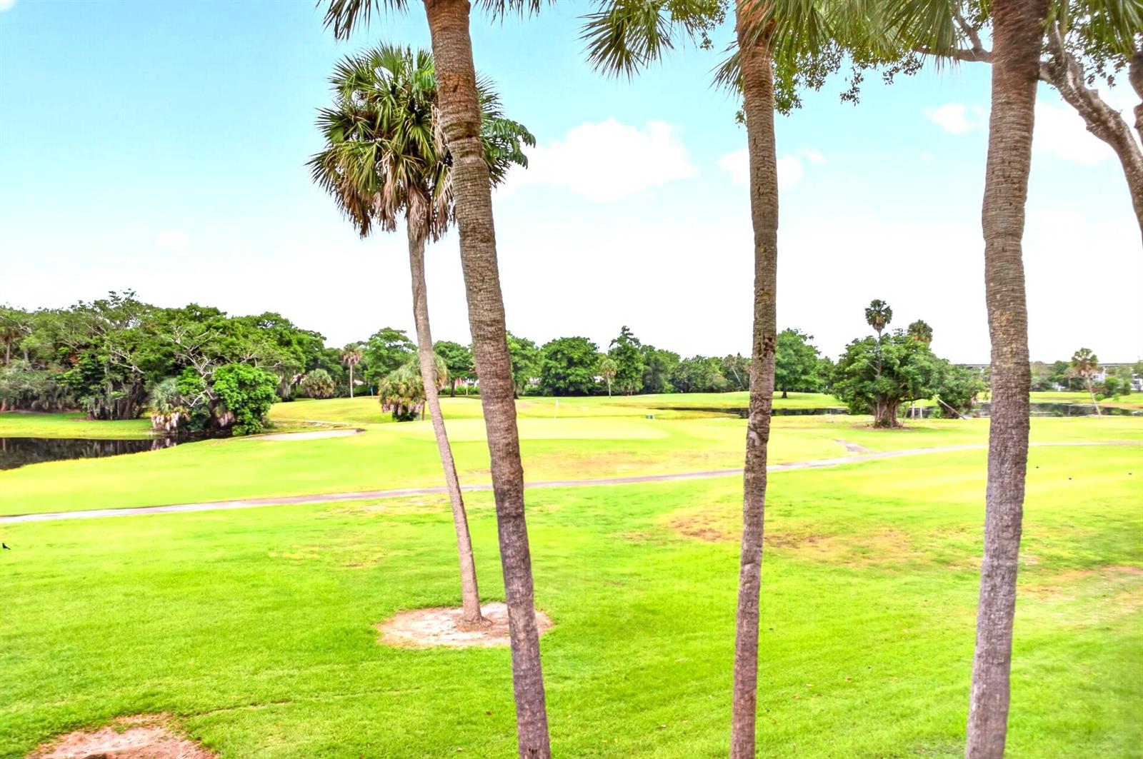 A view of a golf course fairway with palm trees and a pond — 806 Cypress Boulevard # 209, Pompano Beach FL 33069, POMPANO BEACH, FL