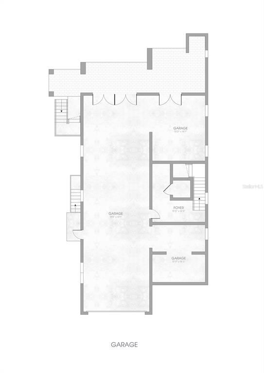 This is a floor plan showing a large garage area and a foyer with stairs — 1821 BAYOU GRANDE BOULEVARD NE, ST PETERSBURG, FL