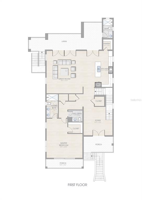 This is a floor plan for the first level of a residential home — 1821 BAYOU GRANDE BOULEVARD NE, ST PETERSBURG, FL