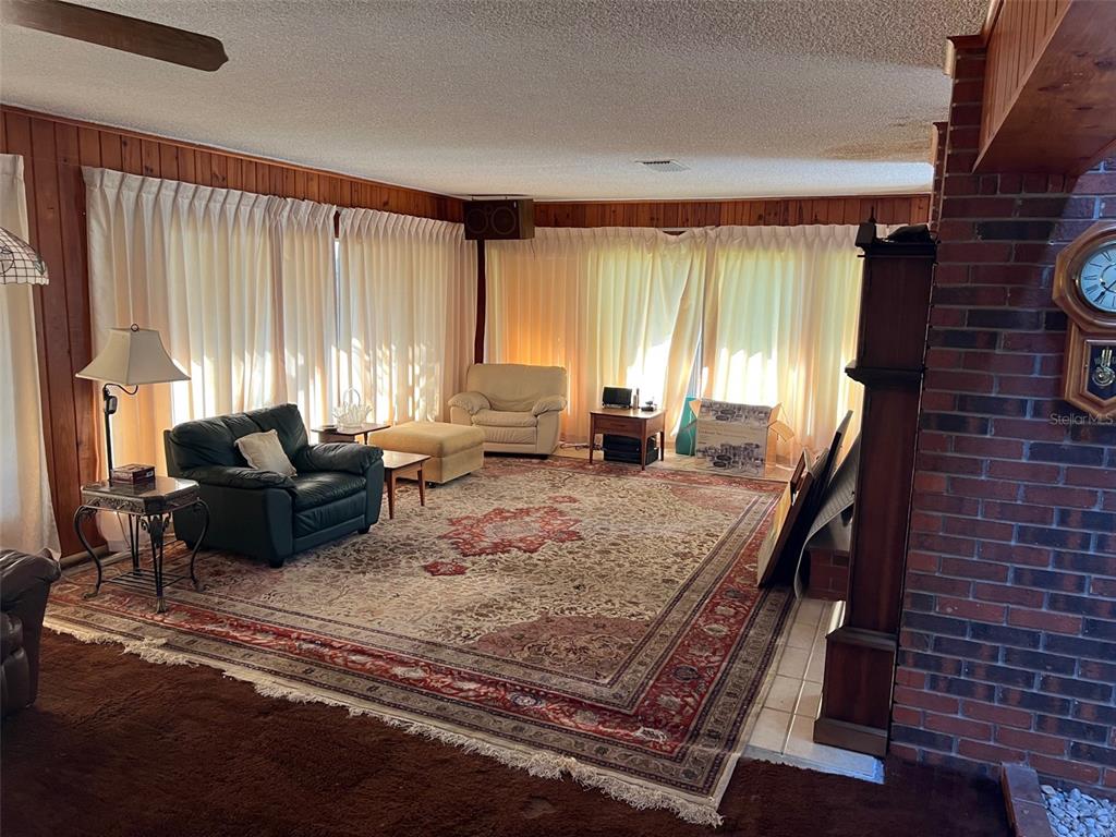 A living room features wood-paneled walls, a large patterned area rug, and a brick fireplace — 35412 CRESCENT DRIVE, FRUITLAND PARK, FL