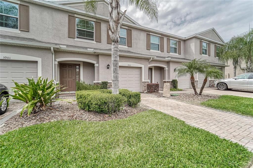 A row of two-story townhouses with beige stucco exteriors, brown garage doors, and paved driveways — 3903 SILVERLAKE WAY, WESLEY CHAPEL, FL