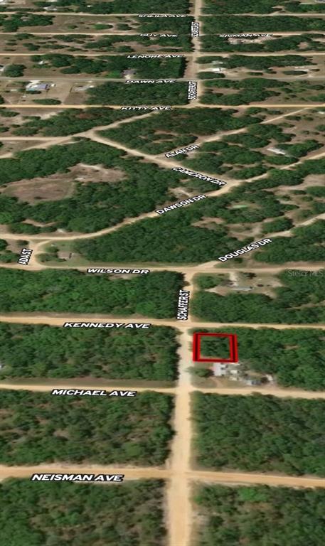 This is an aerial map showing a vacant lot outlined in red near Schaffer Street — LOT 18 KENNEDY AVENUE, INTERLACHEN, FL