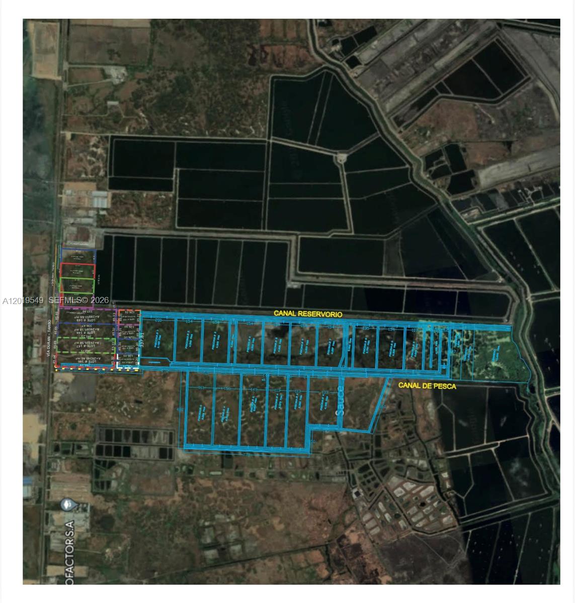 An aerial map shows a large industrial property with multiple rectangular plots and water canals — KM 10 VIA DURAN-TAMBO, EC, EC