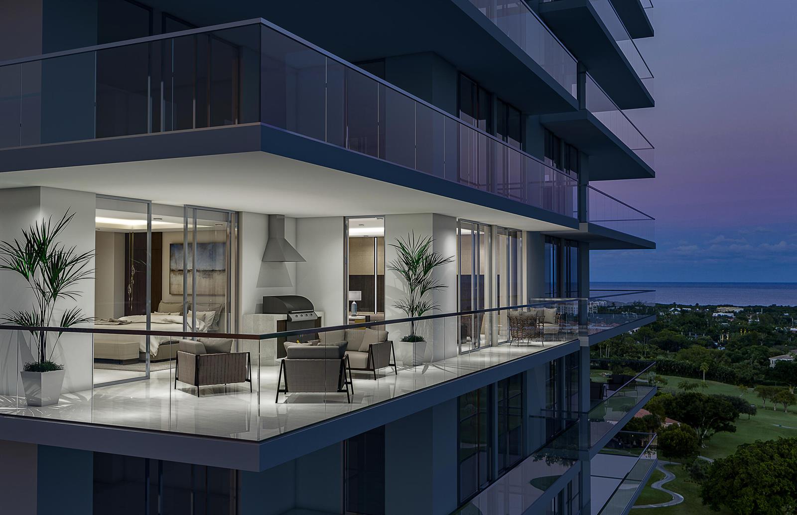 This architectural rendering shows a modern high-rise balcony featuring outdoor seating, a grill, and plants — 105 E Camino Real # 912, Boca Raton FL 33432, BOCA RATON, FL