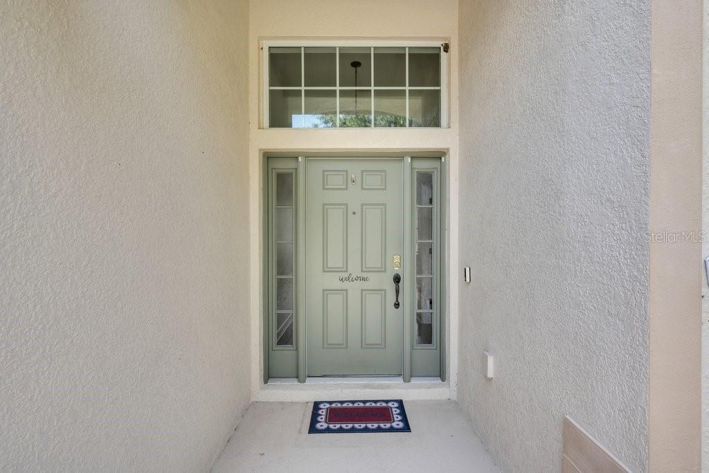 A light green front door with side lights and a transom window under a porch — 11109 WEMBLEY LANDING DRIVE, LITHIA, FL