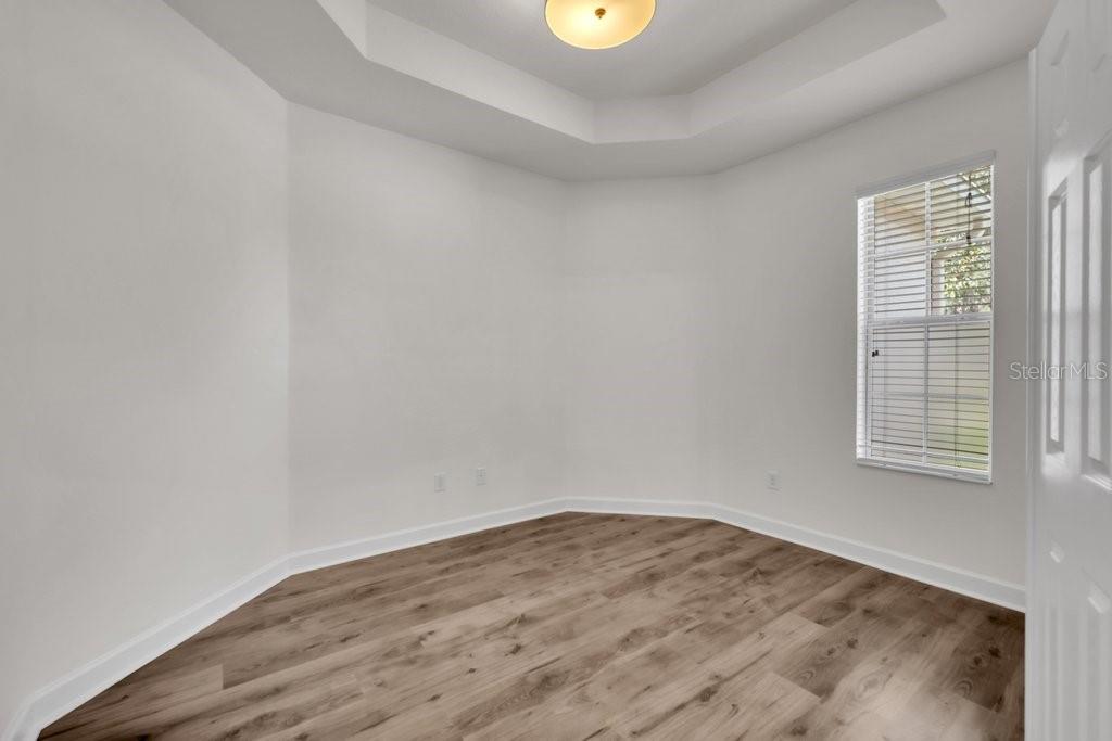 An empty room with wood-look flooring, white walls, a tray ceiling, and a single window — 11109 WEMBLEY LANDING DRIVE, LITHIA, FL