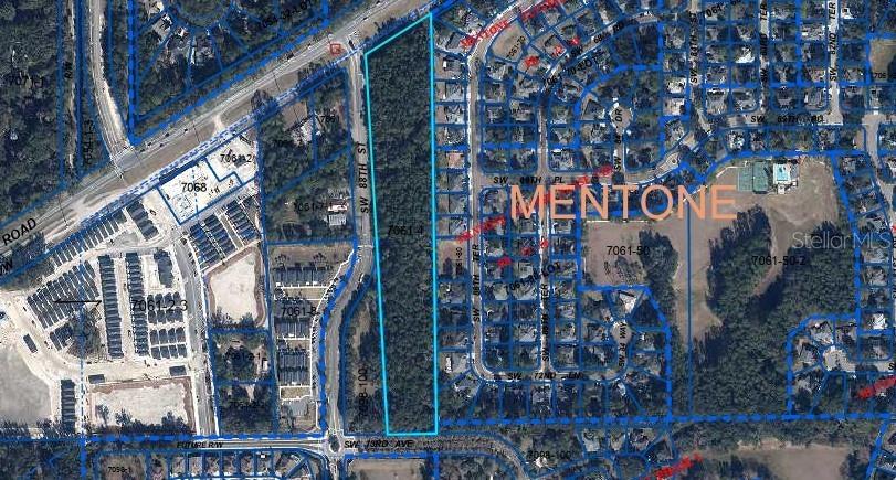 An aerial map shows a rectangular, wooded parcel of land outlined in blue — 8717 SW ARCHER ROAD, GAINESVILLE, FL