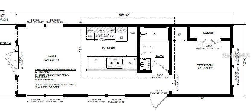 This floor plan shows a one-bedroom, one-bathroom dwelling with a kitchen and living area — 620 THIRD STREET, OVIEDO, FL