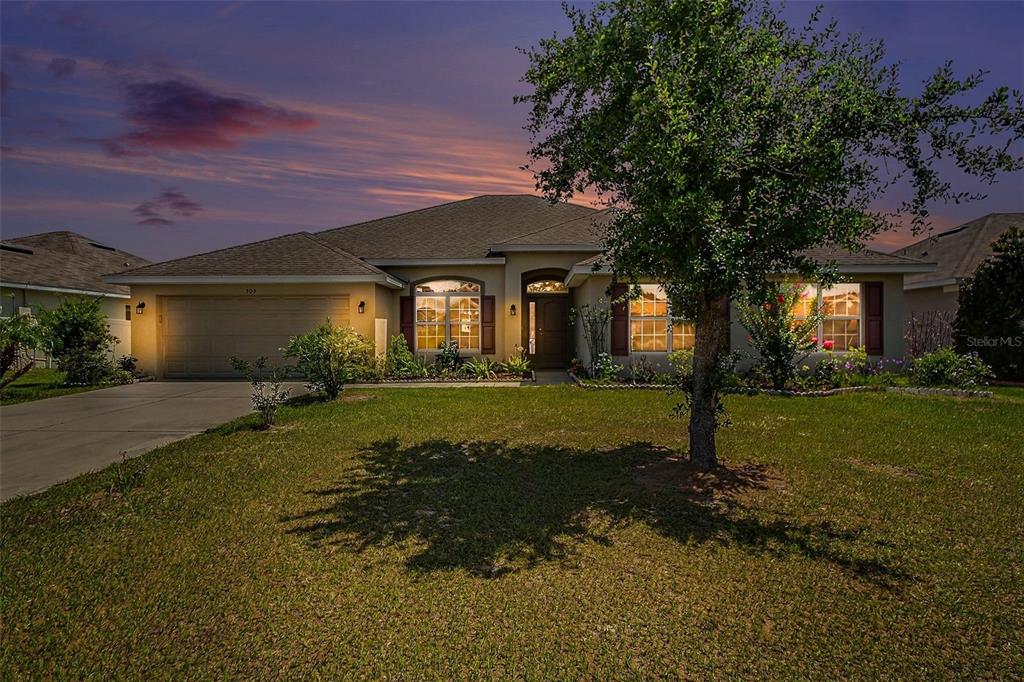 A single-story suburban house with a two-car garage and a large tree in front — 503 W LEAH COURT, FRUITLAND PARK, FL