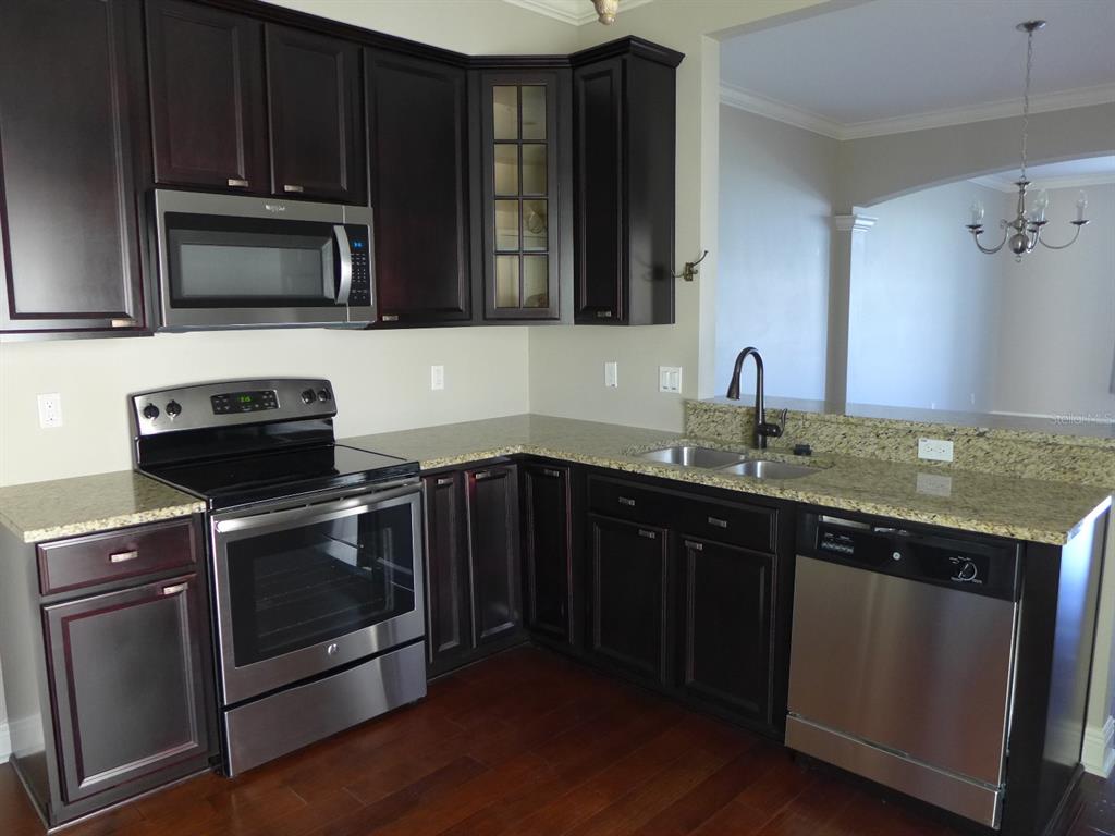 A kitchen features dark wood cabinets, stainless steel appliances, and granite countertops — 527 JUNIPER SPRINGS DRIVE, GROVELAND, FL
