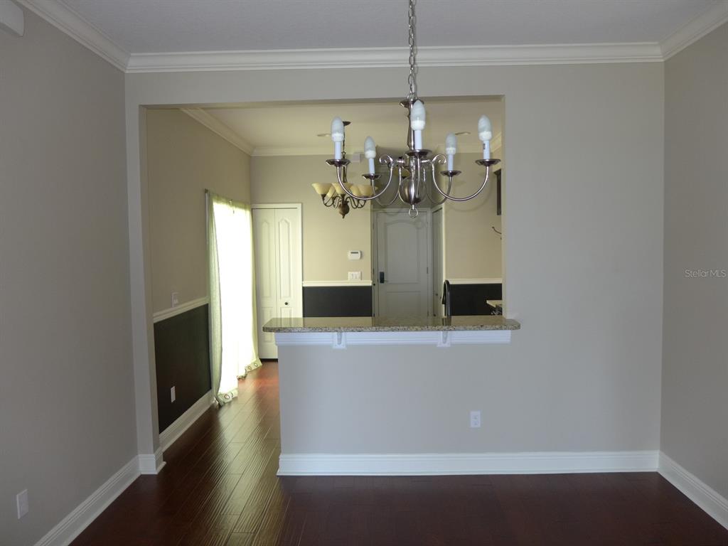 A dining area features a chandelier, a granite-topped breakfast bar, and dark wood flooring — 527 JUNIPER SPRINGS DRIVE, GROVELAND, FL