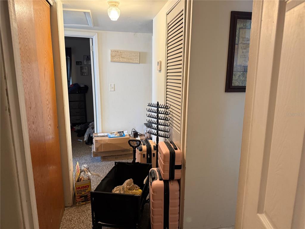 A hallway with carpeted floors, a black utility cart, stacked suitcases, and a doorway leading inside — 3210 E FERN STREET, TAMPA, FL
