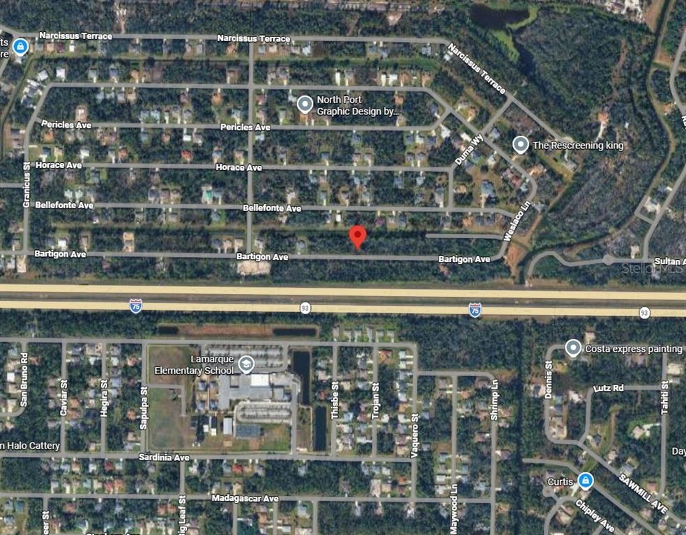 This is an aerial map view showing residential streets, a school, and Interstate 75 — Lot 33 BARTIGON AVENUE, NORTH PORT, FL