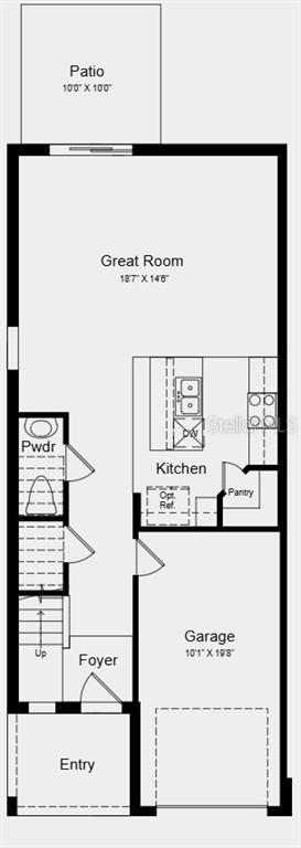 This is a floor plan of a home's ground level featuring a garage and patio — 535 MOONSTONE COURT, GROVELAND, FL