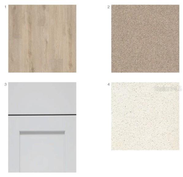 This image displays a collage of four interior design material samples, including flooring, carpet, cabinetry, and countertops — 535 MOONSTONE COURT, GROVELAND, FL