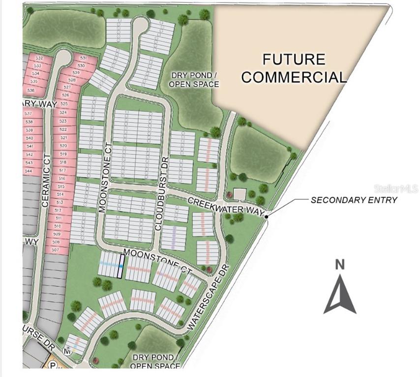 This is a site plan rendering of a residential neighborhood with streets and open spaces — 535 MOONSTONE COURT, GROVELAND, FL