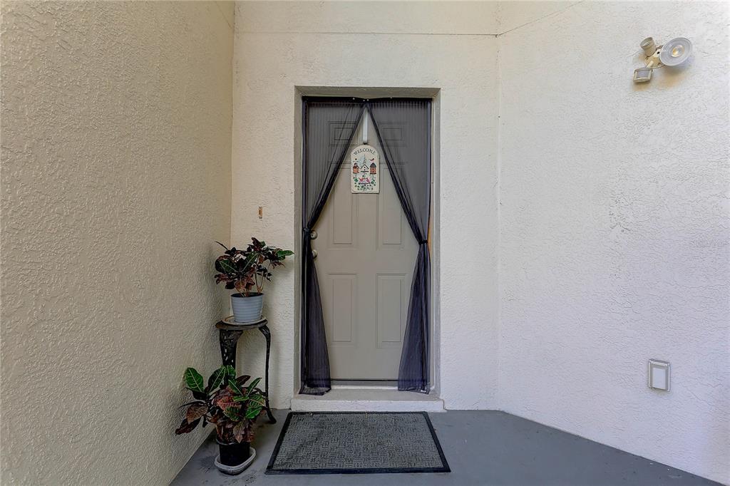 An exterior view of a front entryway featuring a beige door with a screen curtain — 8405 TERRACE MEADOWS COURT UNIT 8405, TEMPLE TERRACE, FL