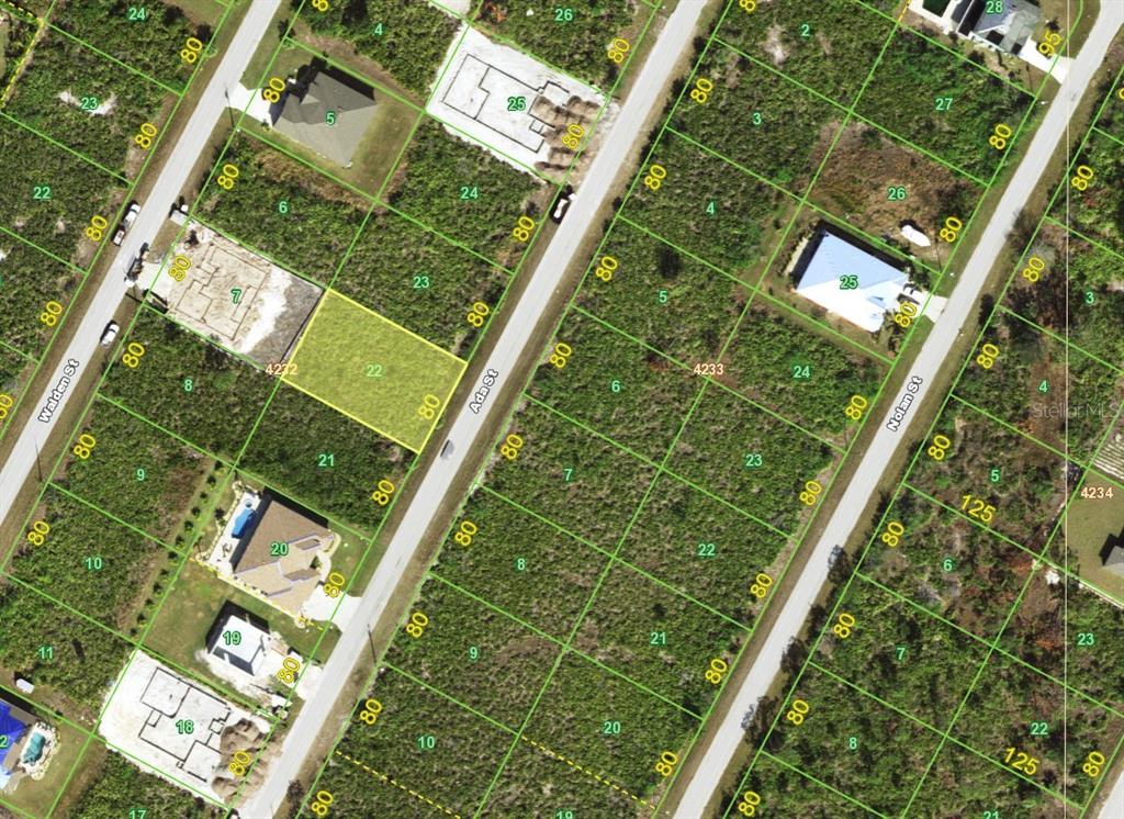 This is an aerial map showing residential lots and street layouts in a neighborhood — 8355 ADA STREET, PORT CHARLOTTE, FL