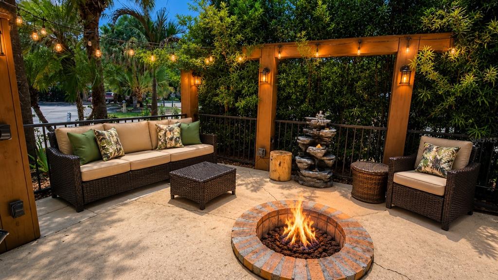An outdoor patio features a fire pit, wicker furniture, and string lights under a wooden pergola — 219 E APPALOOSA TRAIL, RIVER RANCH, FL