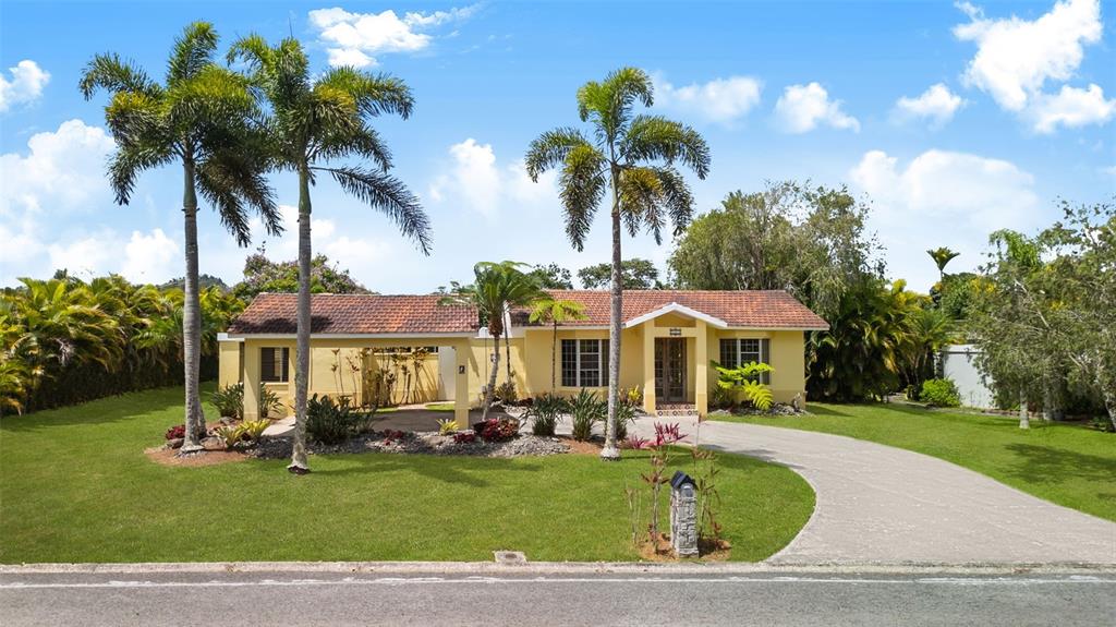 A single-story yellow house with a tiled roof, a carport, and palm trees in front — 383 CAMINO LOS FLAMBOYANES, CIDRA, PR