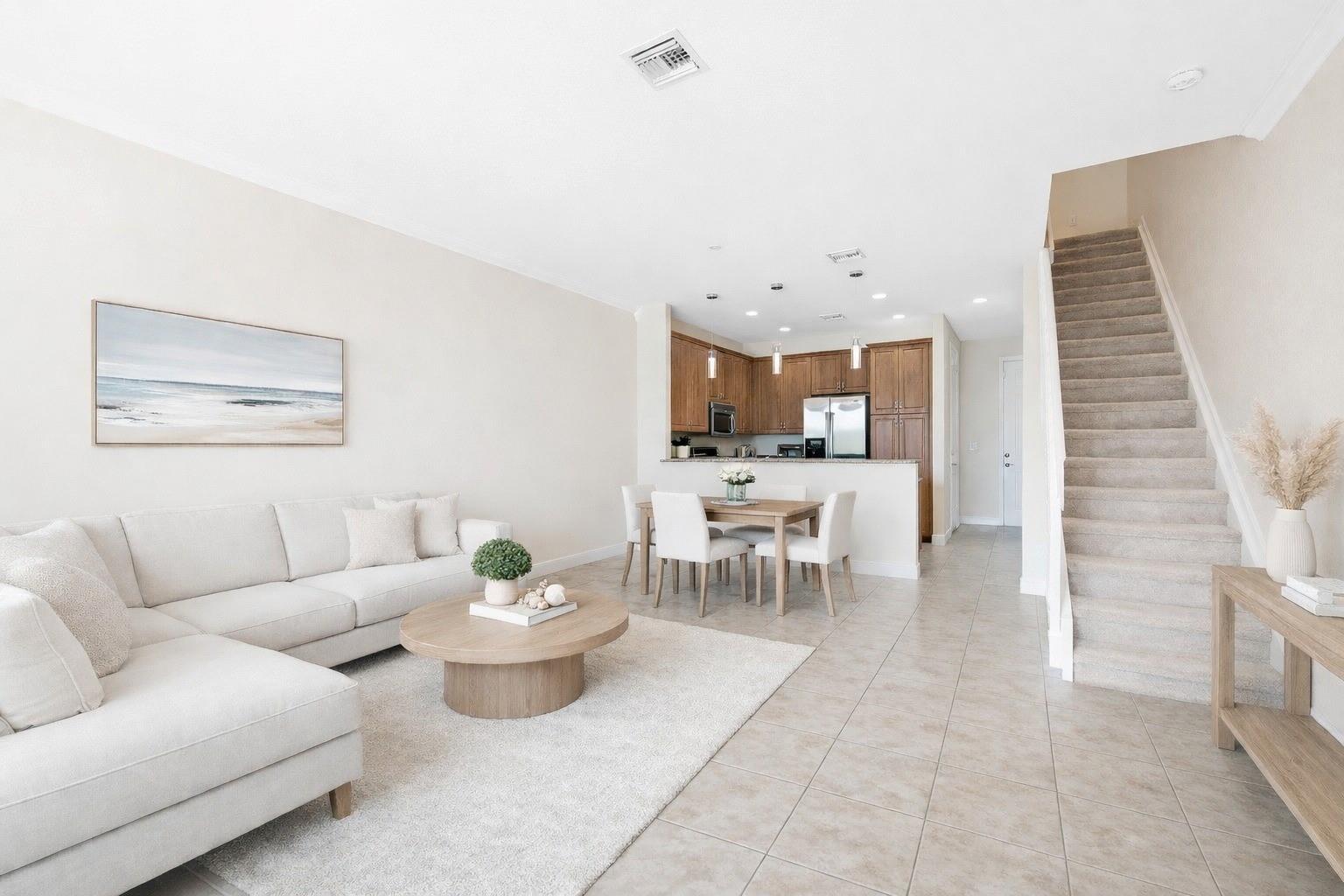 A living room with a beige sofa, wooden coffee table, dining area, and carpeted staircase — 4792 Sundance Way # 4792, Davie FL 33328, DAVIE, FL