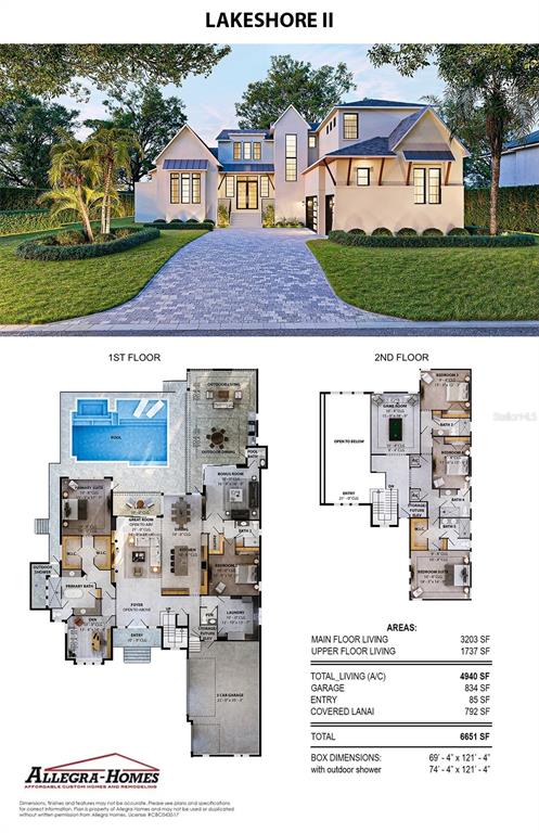 This image shows a rendering and floor plans for a two-story residential home design — 1395 HARBOR DRIVE, SARASOTA, FL