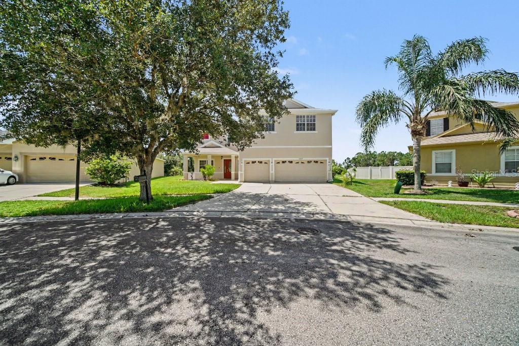 A two-story suburban house with a three-car garage and a large tree in front — 20009 OAKFLOWER AVENUE, TAMPA, FL